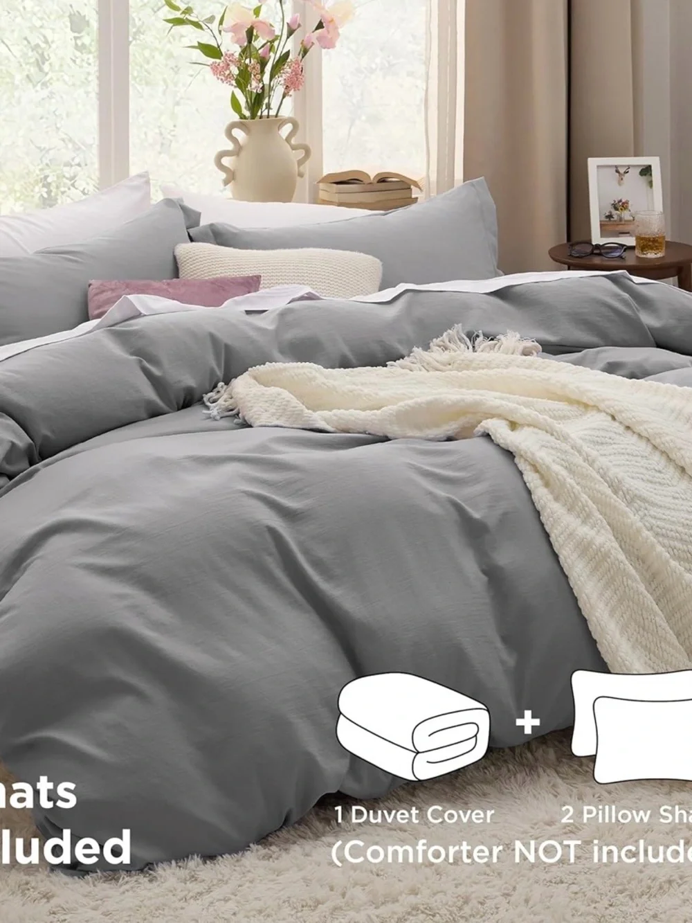 Bedsure Light Grey Duvet Cover King Size 3 Pieces Prewashed Cotton Bedding Set